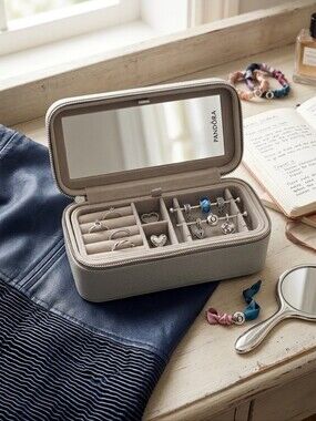 Pandora Gray Saffiano Leather Travel Jewelry Case Box Mirror Charm Rods